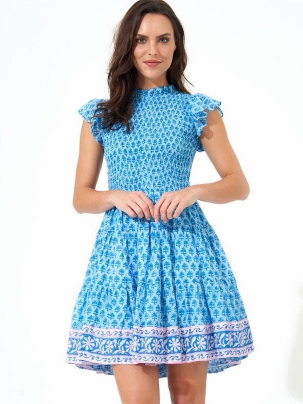 Oliphant Blue Patterned Smocked Fit-and-Flare Mini Dress